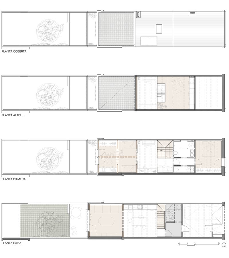 Floor plan drawings showing four levels with a central staircase and a tree in a courtyard