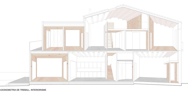 Axonometric section drawing showing timber-framed rooms across two floors with exposed rafters