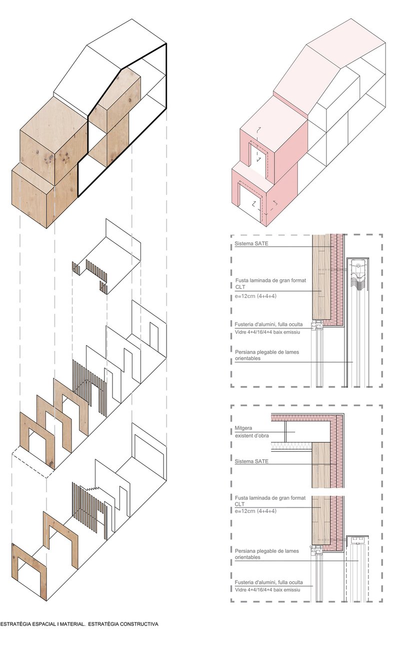 Isometric diagrams illustrating spatial strategy and construction details with timber and masonry assemblies