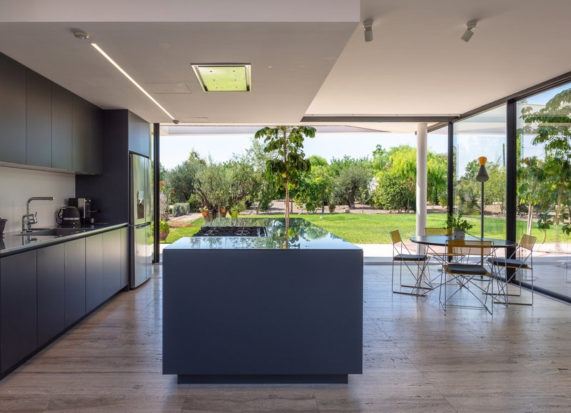 Open-plan kitchen with dark cabinetry and island looking out to lawn through full-height glazing
