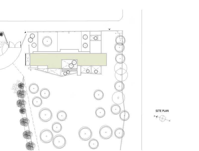 Site plan drawing showing a rectangular volume with interior courtyards and circular tree symbols