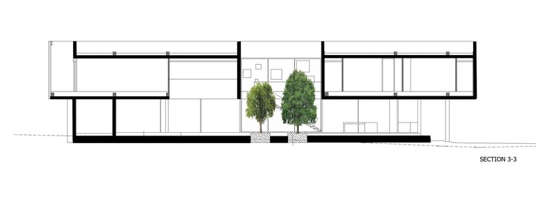 Section drawing showing interior rooms with two trees planted in a central courtyard well