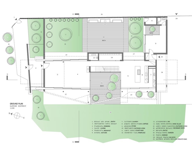 Ground floor plan drawing with green landscaped areas and circular tree symbols throughout