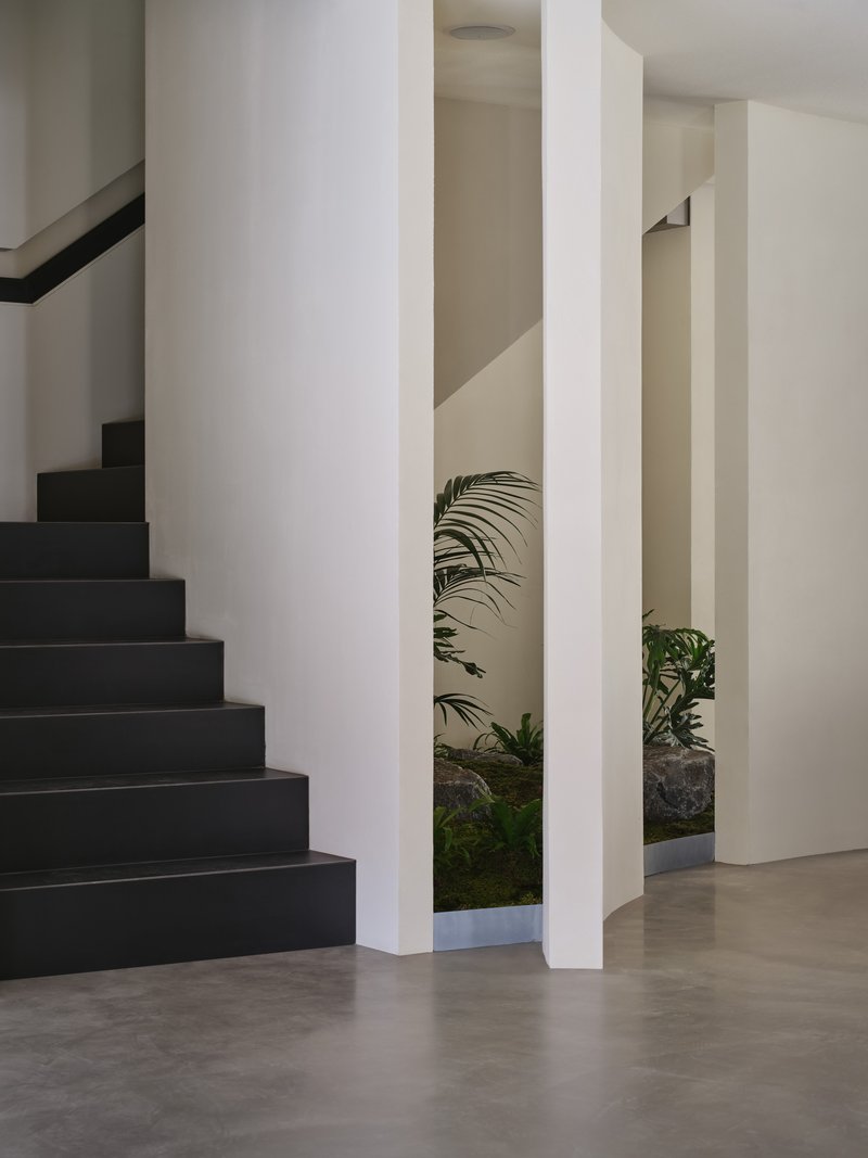 Black staircase alongside white columns framing a planted interior courtyard with palms