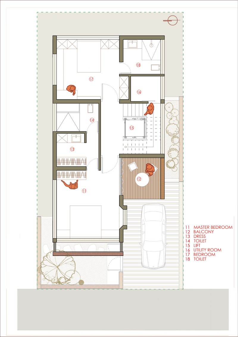 Floor plan drawing showing upper level bedroom layout with ensuite bathrooms and covered parking below