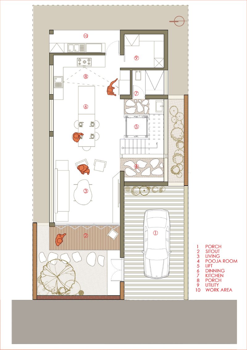 Floor plan drawing showing ground level with open living areas, kitchen and timber deck terrace