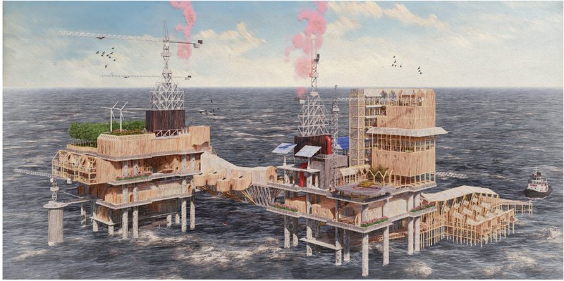 Adaptive reuse architecture transforms an offshore oil rig into a floating destination for art, learning, and ecological reflection.