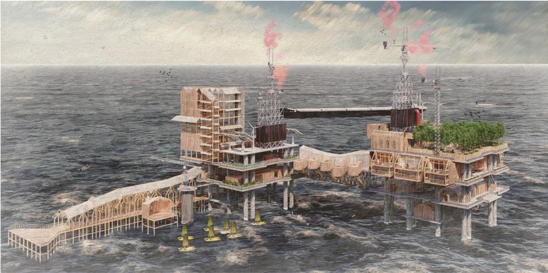 Aerial perspective revealing interconnected platforms, research spaces, and public zones suspended above the open sea.