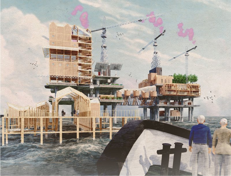 Visitors arrive at the floating island through an elevated timber promenade linking ocean and architecture.