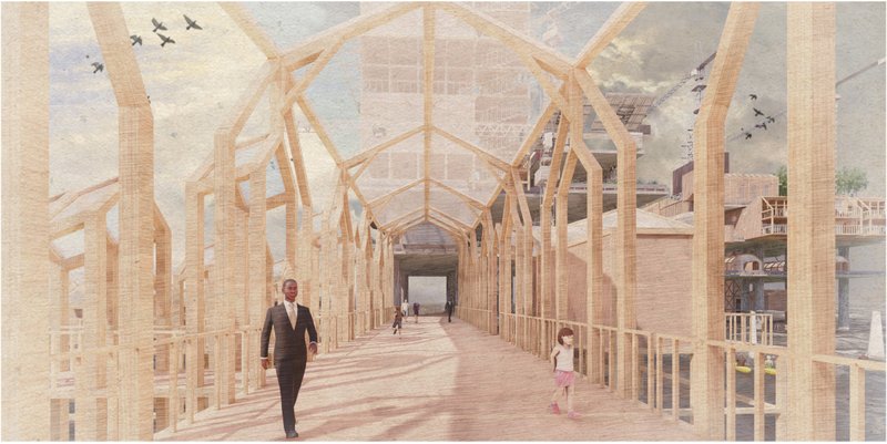 Light-filled pedestrian walkway creates a contemplative journey across the water toward the repurposed oil rig.
