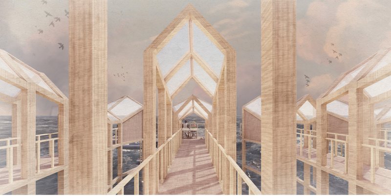 A modular timber pathway frames uninterrupted views of the sea while guiding visitors through the floating complex.