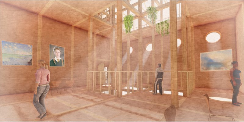Interior gallery space combines natural light, art, and architecture to foster reflection on humanity's relationship with nature.