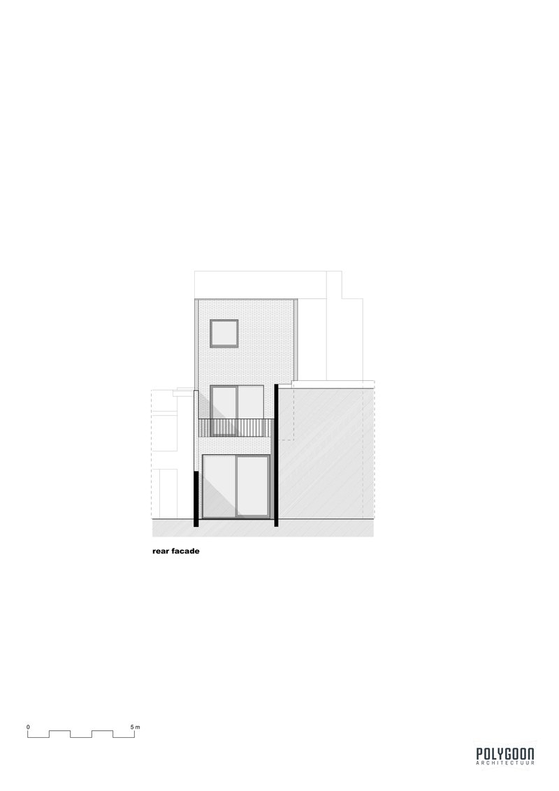 Rear facade elevation drawing showing a three-story volume with balcony and hatched party wall
