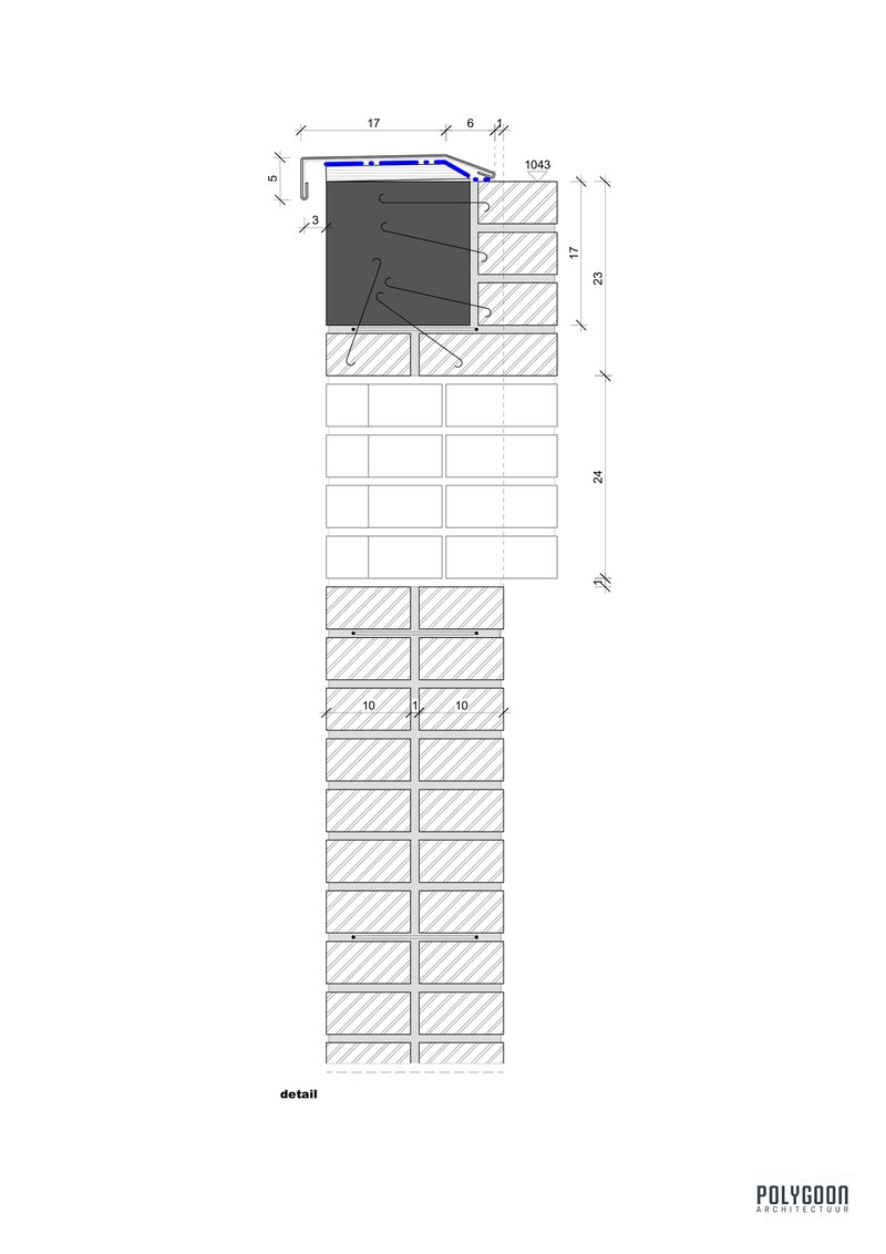 Detail section drawing of brick cladding system with numbered annotations and horizontal course layout