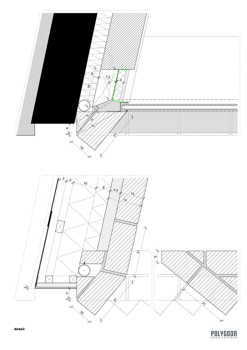 Detail drawings showing angled facade connection and roof terrace with paving pattern and tree opening