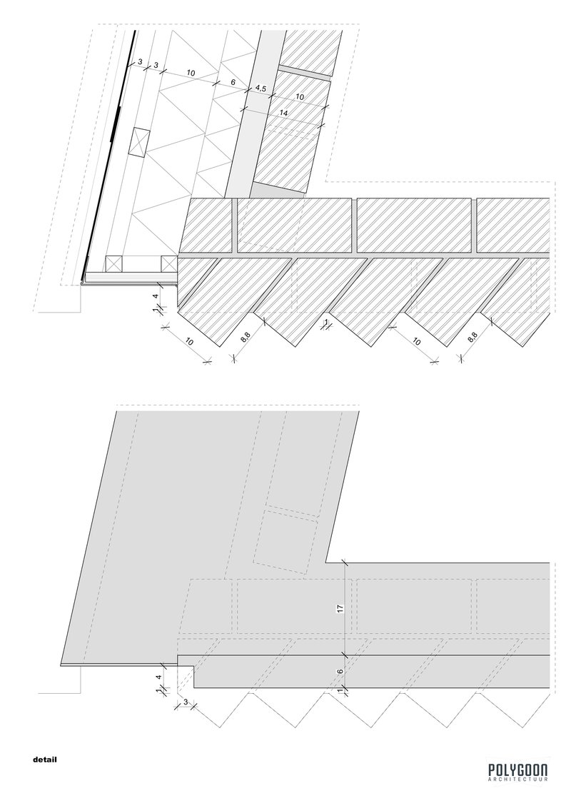 Detail drawings of sawtooth facade assembly and ground plane with diagonal paving geometry