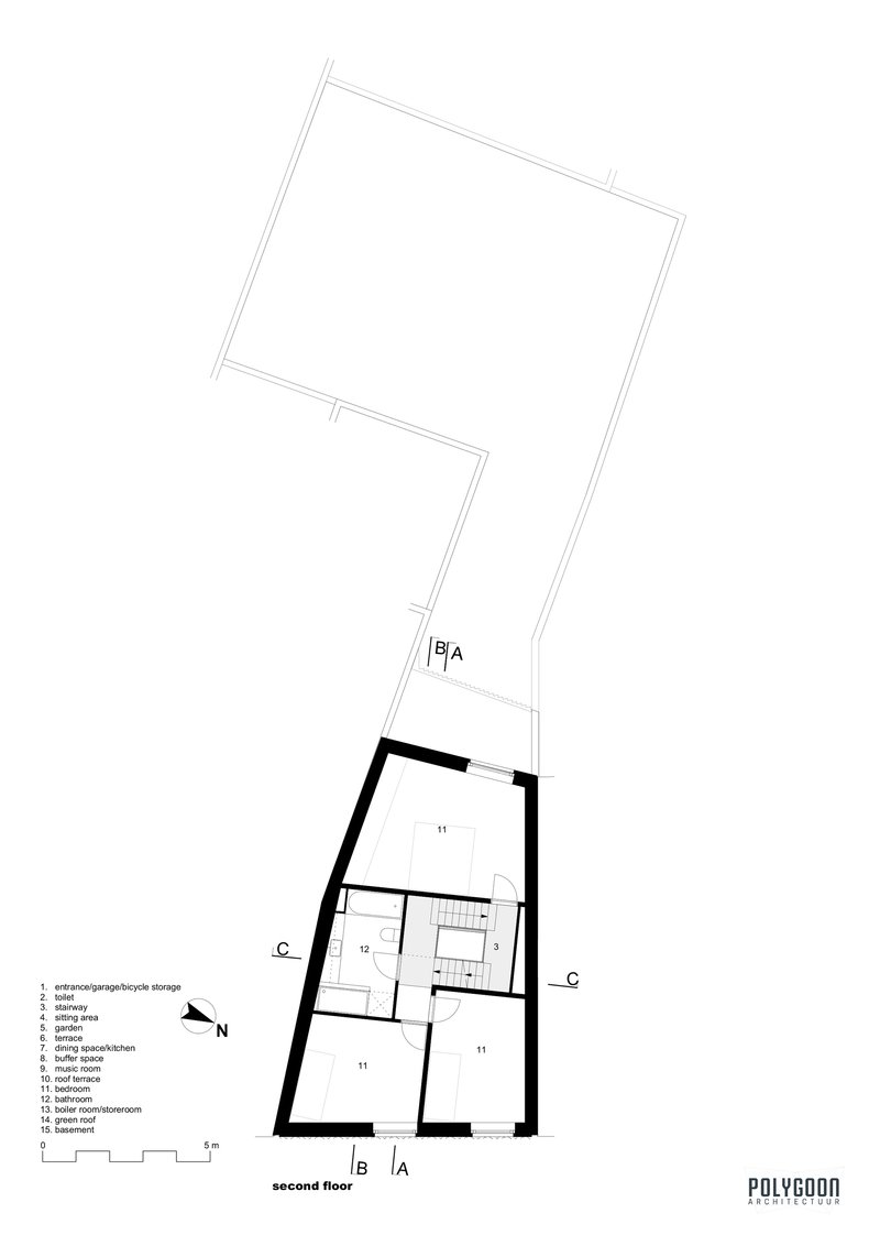 Second floor plan drawing showing an angled trapezoidal footprint with staircase and multiple rooms