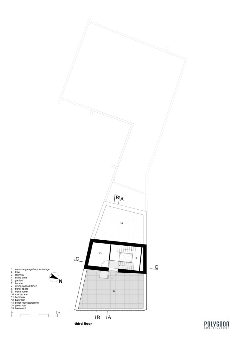 Third floor plan drawing showing the angled volume with a large terrace space