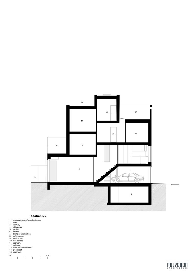Section drawing revealing staggered floor levels and a car parked at the entry level