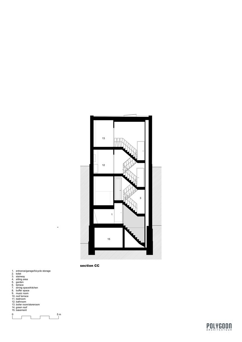 Longitudinal section drawing showing the vertical staircase connecting four levels