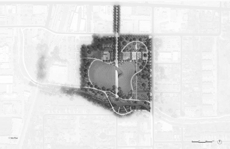Site plan drawing showing curved pavilion structure surrounded by pathways and tree clusters in the park