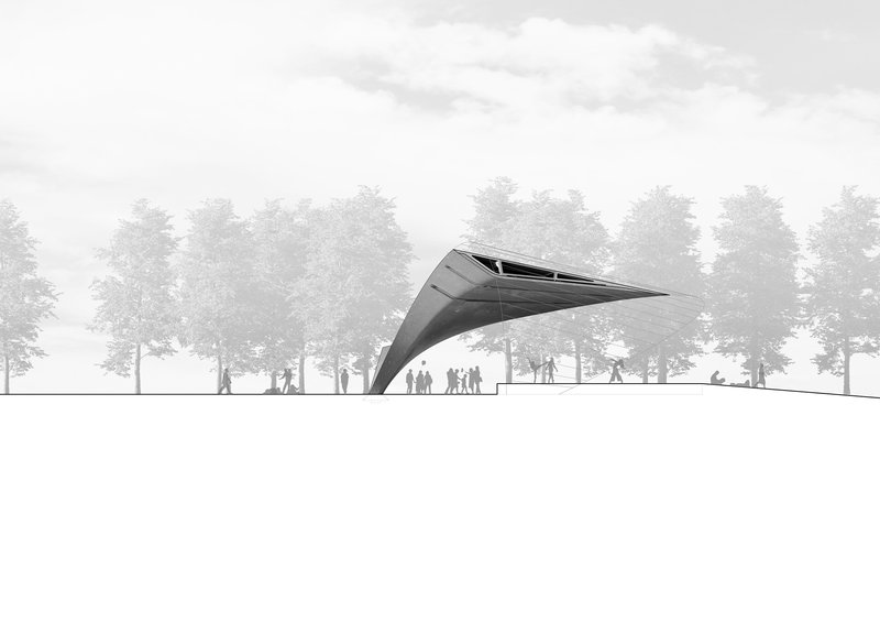 Elevation drawing of an angular canopy structure with silhouetted figures and trees beneath