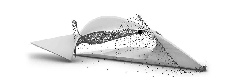 Axonometric rendering showing the curved canopy form with stippled texture on surface and edges