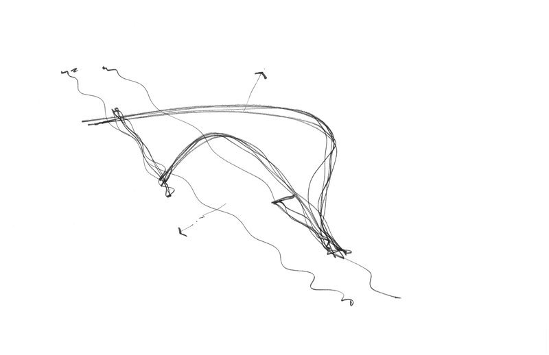 Sketch drawing of the arcing canopy profile with loose line work indicating structure and landscape