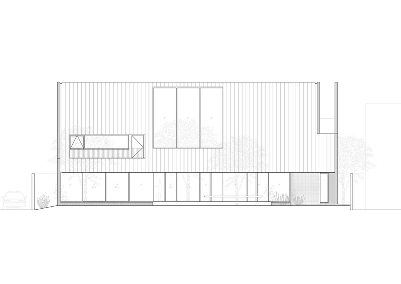 Elevation drawing depicting a two-story facade with vertical cladding, ribbon windows, and a rooftop courtyard opening