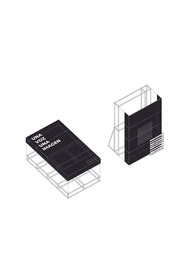 Isometric drawing showing two volumes with exposed structural frames and solid black cladding elements