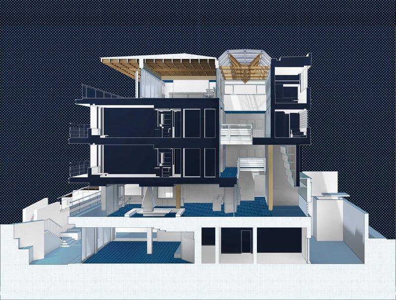 Sectional model revealing multiple floor levels with exposed timber ceilings and blue carpet areas