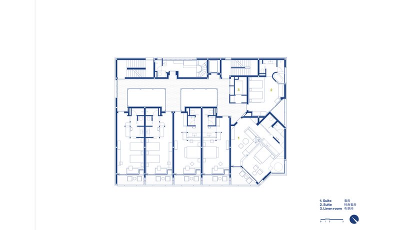 Floor plan drawing showing multiple suite rooms with ensuite bathrooms arranged along a corridor