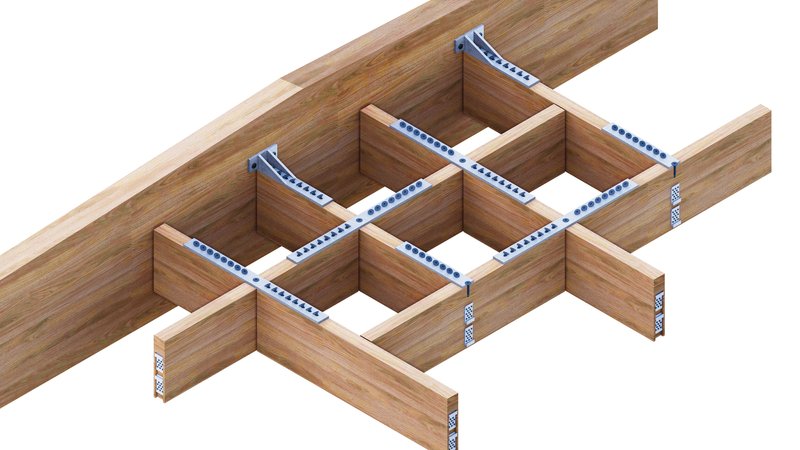 Isometric detail of timber beam joinery with steel connection plates at grid intersections