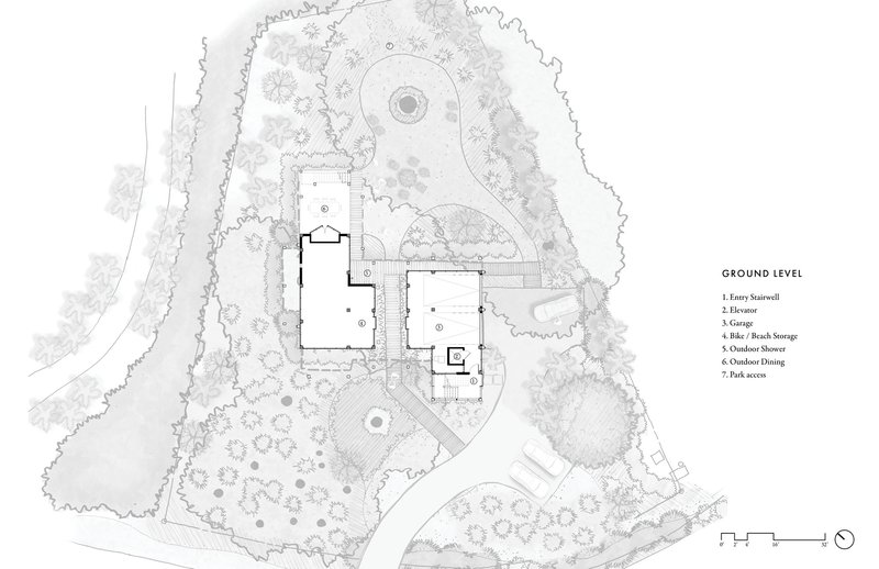Ground level site plan showing building footprint surrounded by landscaped terrain and tree canopies