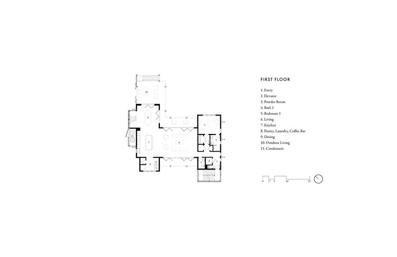 First floor plan drawing showing interconnected rooms arranged in a branching layout with entry porches