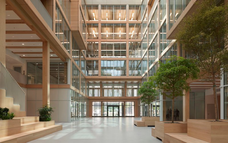 Glazed atrium with timber-lined balconies and a planted tree centered on the polished floor