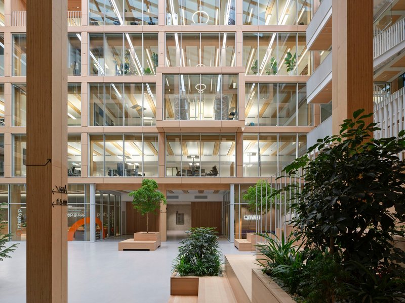 Interior courtyard view showing stacked glazed corridors with diagonal bracing and timber planters with greenery