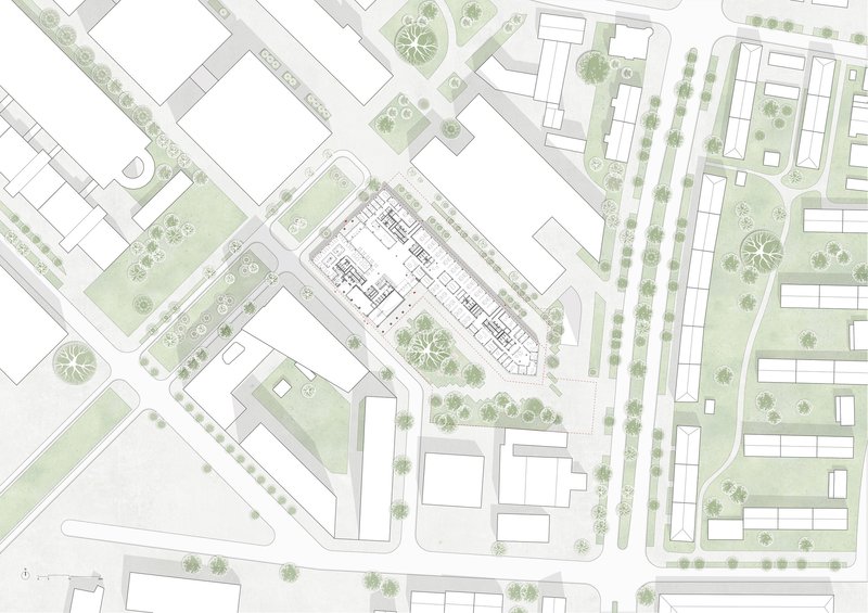 Site plan drawing with detailed floor layout of elongated building set among landscaped courtyards