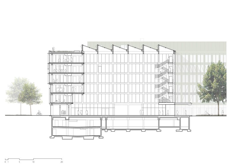 Section drawing showing multi-storey structure with sawtooth roofline and below-grade parking levels