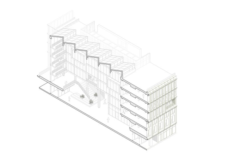 Axonometric drawing revealing stepped volumes with courtyard and cantilevered horizontal floor plates