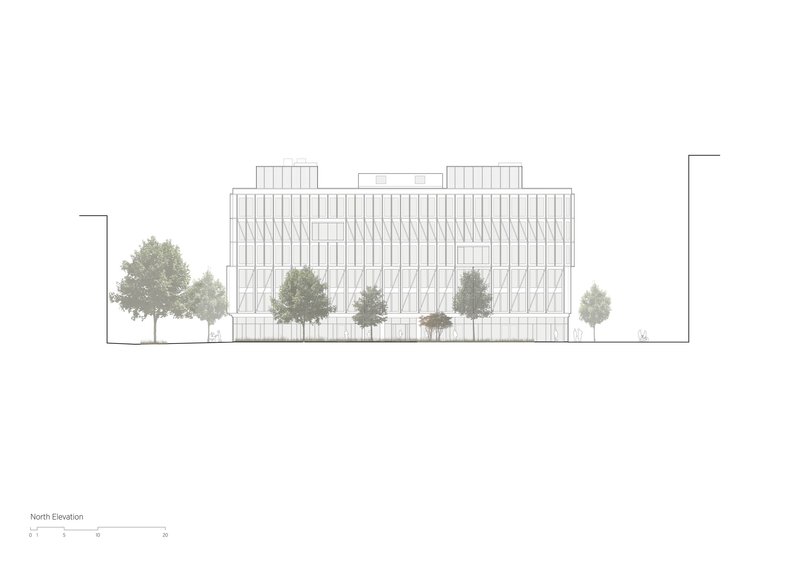 North elevation drawing with vertical louvered facade and deciduous trees at street level