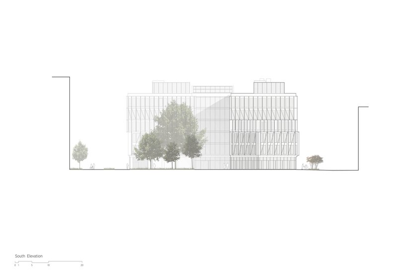 South elevation drawing showing a gridded facade volume with trees in front