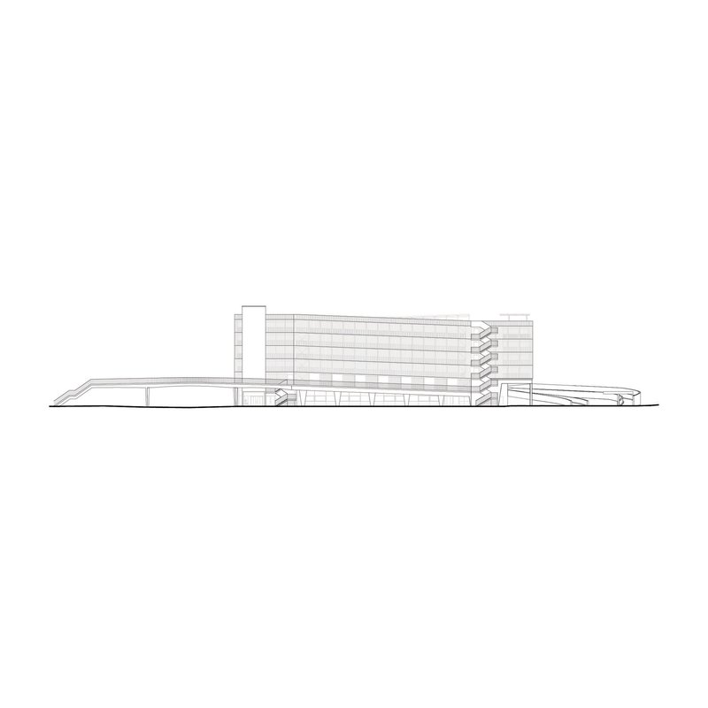 Elevation drawing depicting a layered horizontal building with cantilevered floor plates and a canopy structure