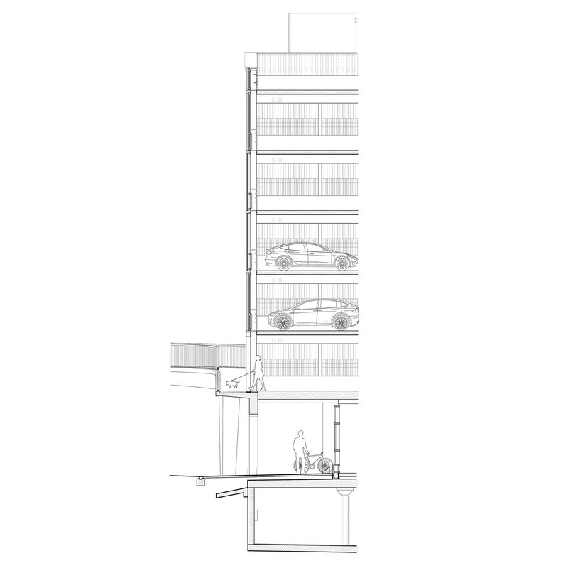 Section drawing revealing parking levels with two vehicles and a pedestrian with stroller at ground level