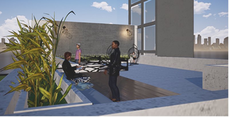 Rooftop terrace designed as a quiet gathering space with greenery, seating, and open views toward the city.