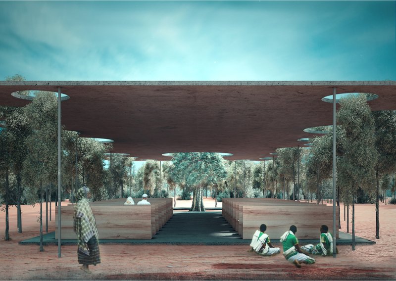 A forest chapel organized around a central tree, blending worship, shade, and sustainable architecture.