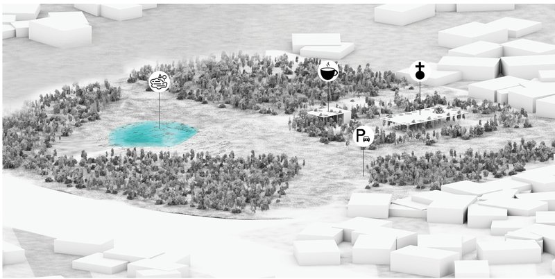 Site zoning connects the chapel, pond, parking, and forest into one ecological plan.