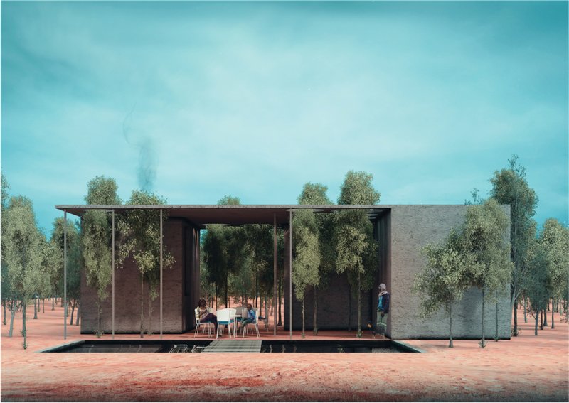 Service spaces and chapel functions are embedded within the forest landscape.
