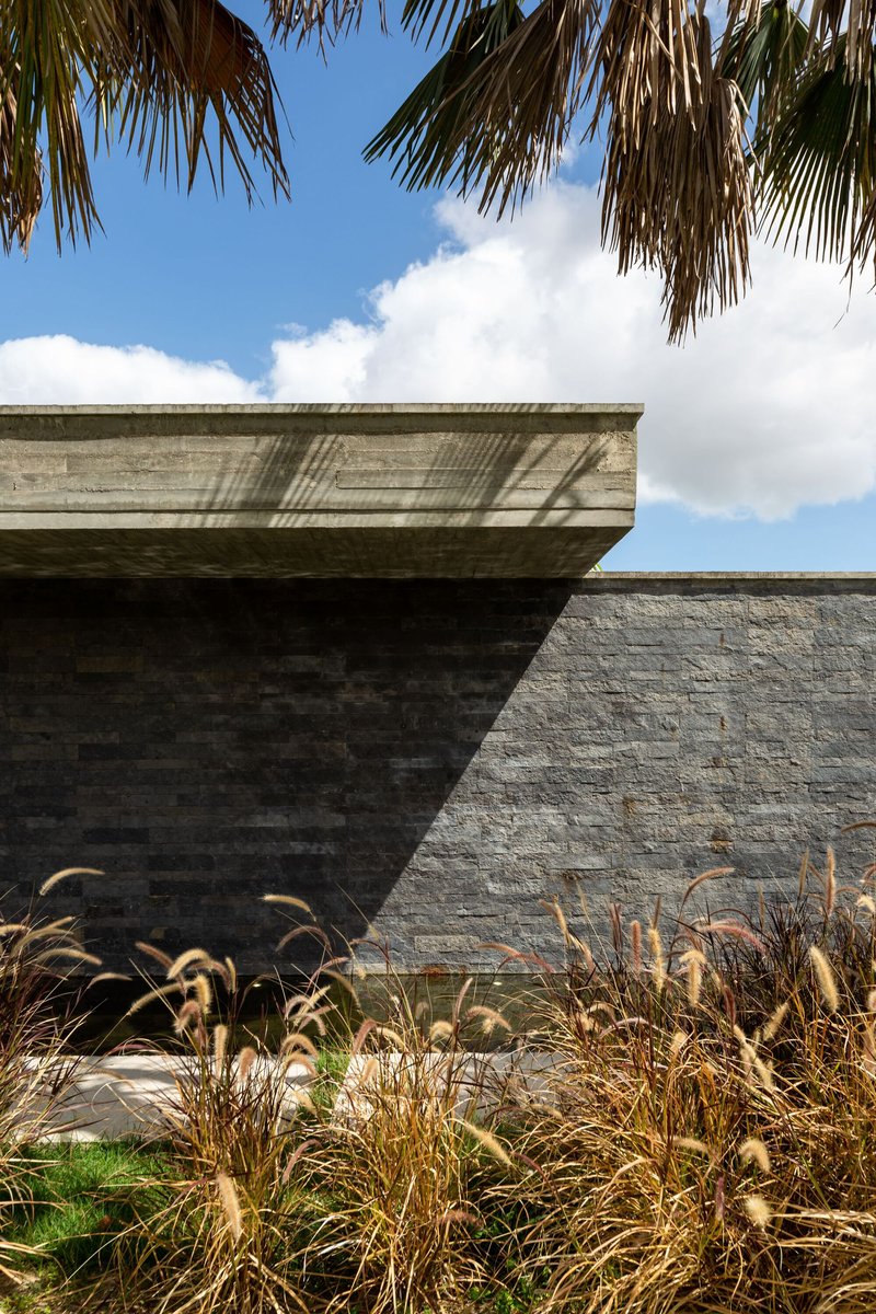 Concrete roof overhang with board-formed texture above stone wall, grasses, and palm fronds under blue sky