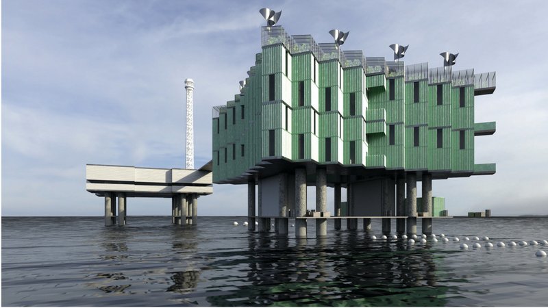 Rigcycling transforms an abandoned oil rig into a self-sufficient island powered by renewable energy and sustainable living systems.
